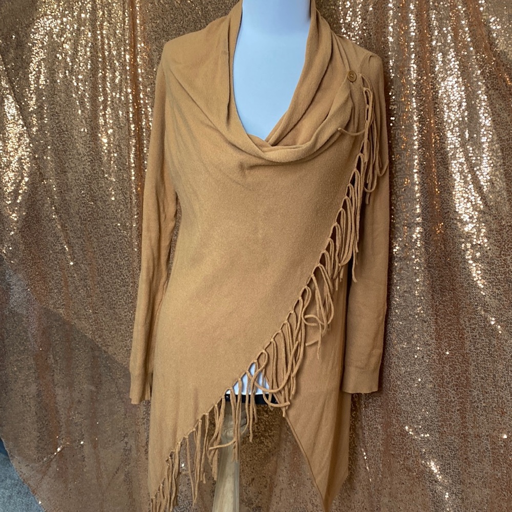 Lovestitch caramel wrap cardigan. Asymmetrical hem with fringe. Long sleeved.